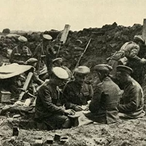 Soldiers playing cards in the trenches, First World War, c1916, (c1920). Creator: Unknown
