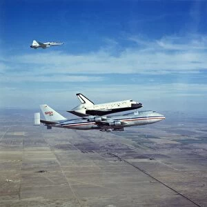 Space Shuttle Orbiter Columbia on Boeing 747 Shuttle Carrier, 1980s. Creator: NASA