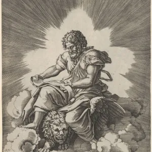 St. Mark, seated with an unfurled scroll in his hands, a winged lions head and fore