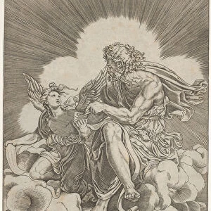 St. Matthew, seated on a cloud and dipping a quill into an inkwell held by an angel