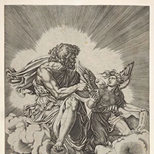 St. Matthew, seated on a cloud with legs crossed and dipping a quill into an inkwell