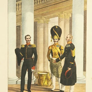 Staff Officer, Non-commissioned Officer, and Drummer of the Palace Guard Grenadiers, c. 1830. Artist: Alexandrov, Pyotr Alexandrovich (1794-?)