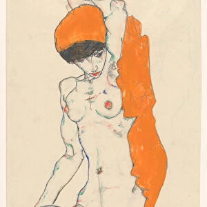 Standing Nude with Orange Drapery, 1914. Creator: Schiele, Egon (1890-1918)
