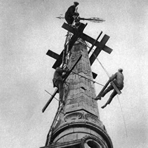 Steeplejacks on the spire of All Saints Church, Poplar, London, 1926-1927