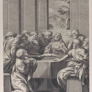 The Last Supper, the interior of a classical building with Christ and his apostles seat