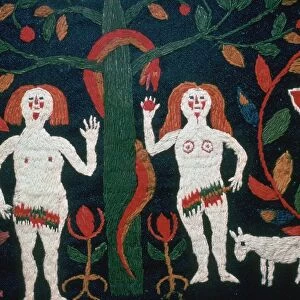 Swedish embroidery of Adam, Eve, and the serpent, 19th century