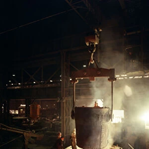 Teeming (pouring) molten iron, Brown Bayley Steels, Sheffield, South Yorkshire, 1968