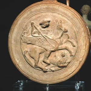 Terracotta Flask with moulded medallion, Bellerophon killing the Chimaera, c300BC-c250BC