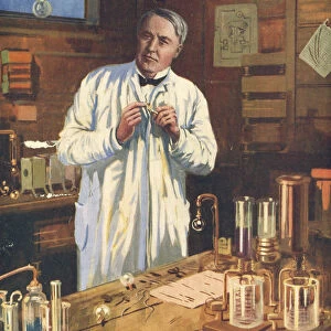 Thomas Edison, American inventor, in his laboratory, Menlo Park, New Jersey, USA, 1870s (1920s)