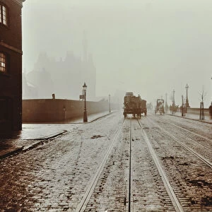 Tramlines and vehicles on the Albert Embankment, Lambeth, London, 1909