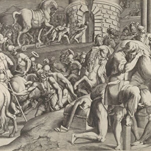 The Trojans hauling the wooden horse into Troy, 1545. Creator: Giulio Bonasone