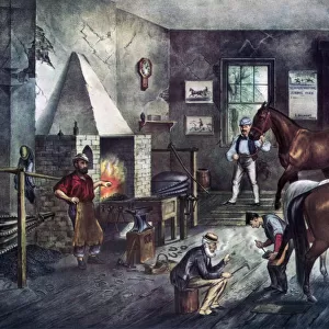 Trotting Cracks at the Forge, 1869. Artist: Currier and Ives