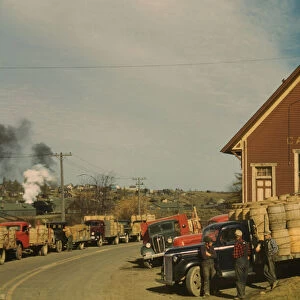 Trucks outside of a starch factory, Caribou, Aroostook County, Maine. 1940. Creator: Jack Delano