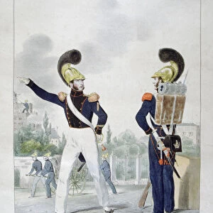 Uniform of military sapper-firemen, France, 1823. Artist: Charles Etienne Pierre Motte