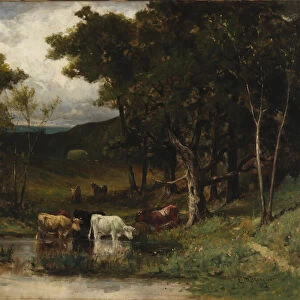 Untitled (landscape with cows in stream near trees), 1882