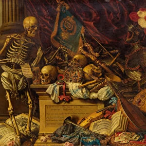 Vanitas Still Life with musical instruments, books, sheet music, skeleton, skull and armour