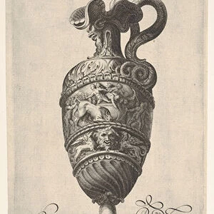 Vessel with grotesque masks, griffins, and a frieze populated by a bull and men in