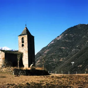 View of the Church of the Assumption in the village Coll de Tor built with large stone blocks