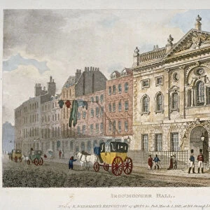 View of Ironmongers Hall and people and a coach in Fenchurch Street, City of London, 1811