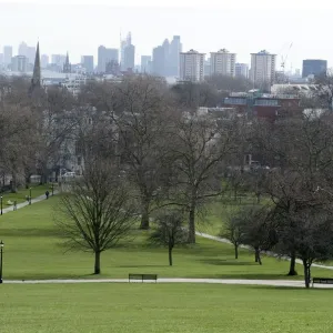 View from the top of Primrose Hill Park, looking towards the City of London, NW1, England