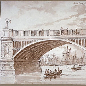 View of a small boat passing underneath Vauxhall Bridge, London, 1820