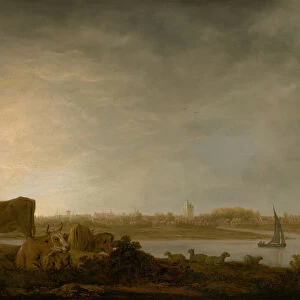 A View of Vianen with a Herdsman and Cattle by a River, c. 1643 / 45. Creator: Aelbert Cuyp