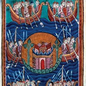 Viking ships arriving in Britain, ca 1130. Artist: Abbo of Fleury (c. 945-1004)
