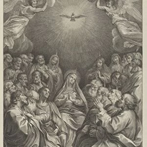 The Virgin with apostles looking up towards the Holy Dove and two angels, after Reni