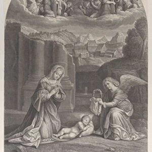The Virgin Mary adoring the Christ child, an angel holding a crown of thorns at right
