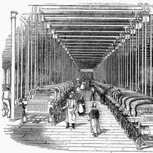 Weaving shed fitted with rows of power looms driven by belt and shafting, c1840