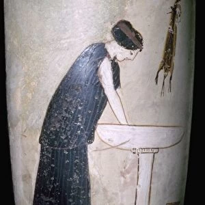White-ground lekythos with a pianting of a woman at a wash basin, Attica, Greece, 470BC-460BC