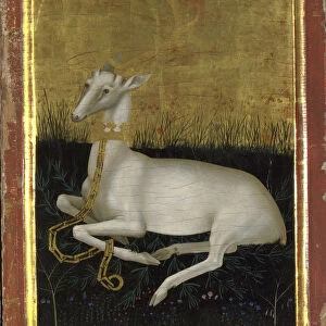 A white hart chained with a crown around its neck (The outside panel of the Wilton Diptych), Between 1395 and 1399. Artist: Wilton Master (active 1395 - 1399)