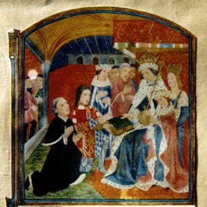 William Caxton, English printer, presenting a book to King Edward IV, 1477