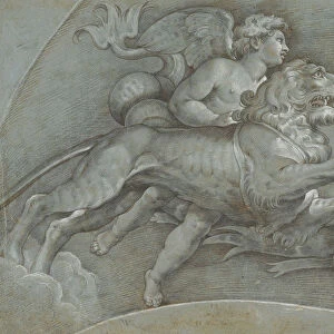 A Winged Putto Riding a Sea Horse and a Lion (after Raphael); verso... 1574