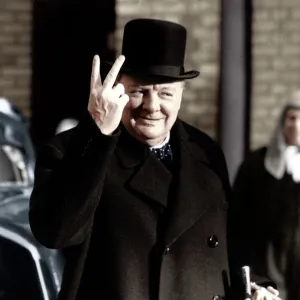 Winston Churchill making his famous V for Victory sign, 1942