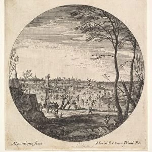 Winter landscape with figures skating on a frozen body of water in a roundel compos