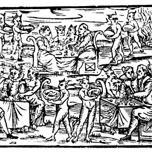 Witches and sorcerers feasting at the Sabbath, 1608