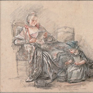 Woman Reading and a Girl Playing (Marquise de Pompadour with her daughter Alexandrine), ca 1748. Artist: Guerin, Francois (1751-1791)