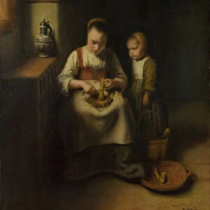 A Woman scraping Parsnips, with a Child standing by her, 1655. Artist: Maes, Nicolaes (1634-1693)