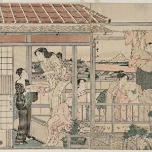 Women Hanging Laundry to Dry on a Balcony, early 1790s. Creator: Kitagawa Utamaro (Japanese