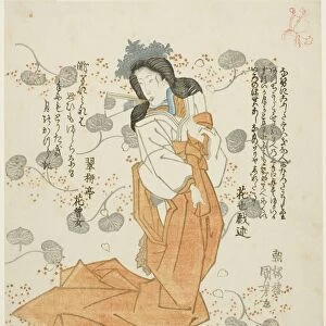 Women holding fan in her mouth, c. early 1830s. Creator: Utagawa Kuniyoshi