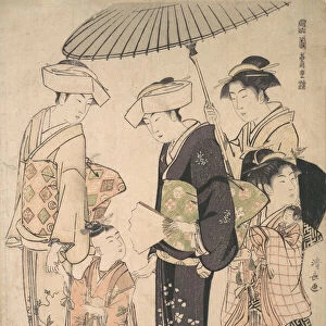 Two Women in Summer Costume Taking a Young Girl to a Shinto Temple for the Miya Mairi