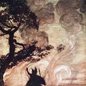 Wotan turns and looks sorrowfully back at Brunnhilde. Illustration for The Rhinegold and The Valkyr Artist: Rackham, Arthur (1867-1939)