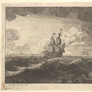 A yacht and three warships in a storm, 1665. Creator: Wenceslaus Hollar