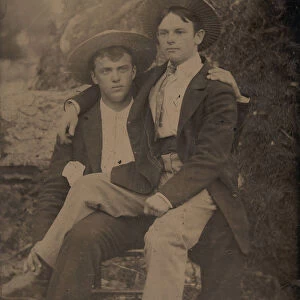 Two Young Men in Straw Hats, One Seated in the Others Lap, 1870s-80s. Creator: Unknown
