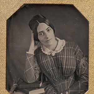Young Woman with Elbow Resting on Small Pile of Books and Head on Hand, 1840s