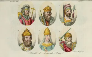 1. Rurik 2. Igor of Kiev 3. Olga 4. Sviatoslav 5. Vladimir the Great 14. Ivan IV (from Il costume antico? by Giulio Ferrario), 1831. Artist: Giarre, Luigi (1772-1844)