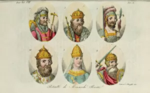 1. Rurik 2. Igor of Kiev 3. Olga 4. Sviatoslav 5. Vladimir the Great 14. Ivan IV (from Il costume antico)