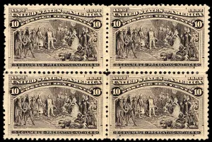 10c Columbus Presenting Natives block of four, 1893. Creator: Unknown