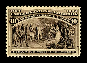 Colonisation Gallery: 10c Columbus Presenting Natives single, 1893. Creator: American Bank Note Company